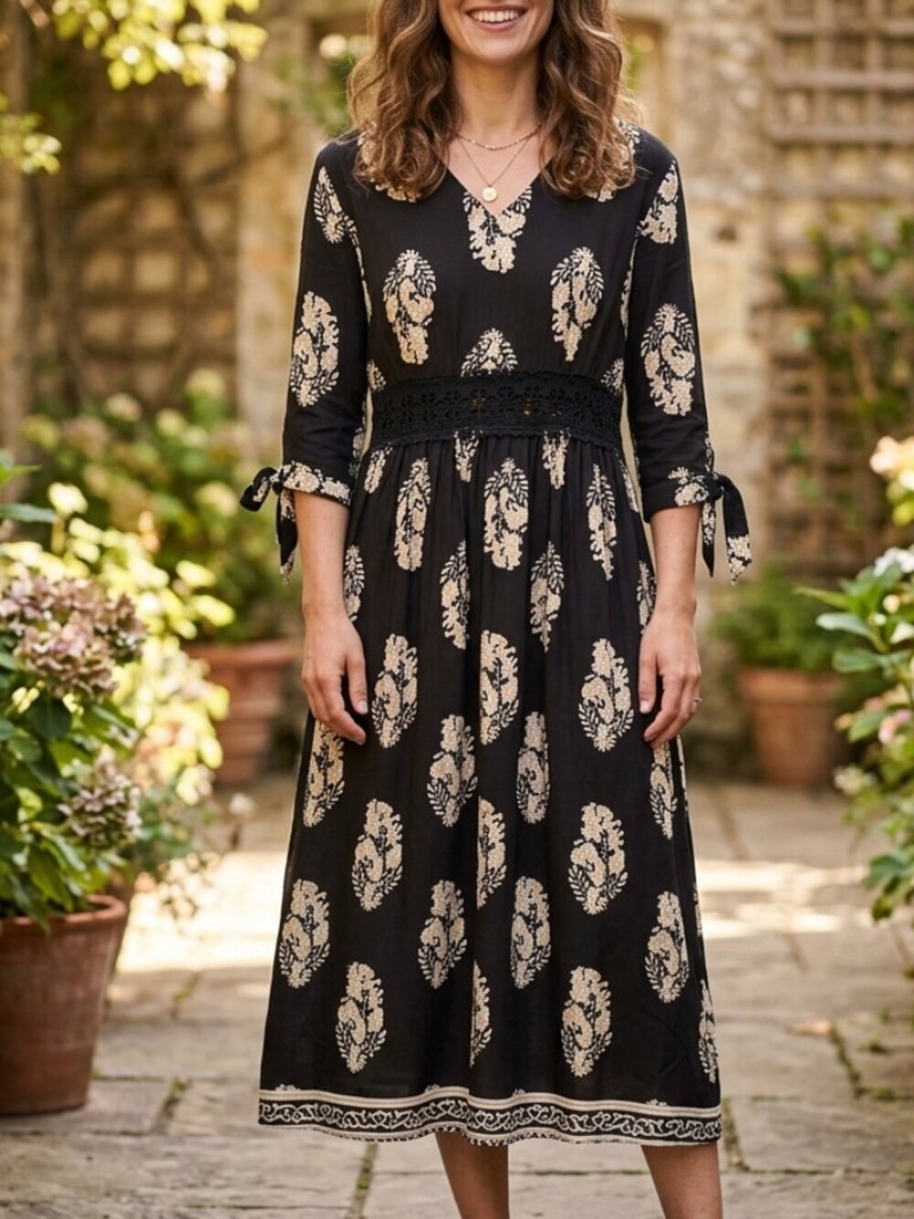 NWT Cupshe Black And Tan Floral Patterned Maxi Dress with Arm Ties